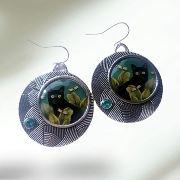 Silver Round Black Cat Pattern Dangling Earrings - Picture 2 of 7
